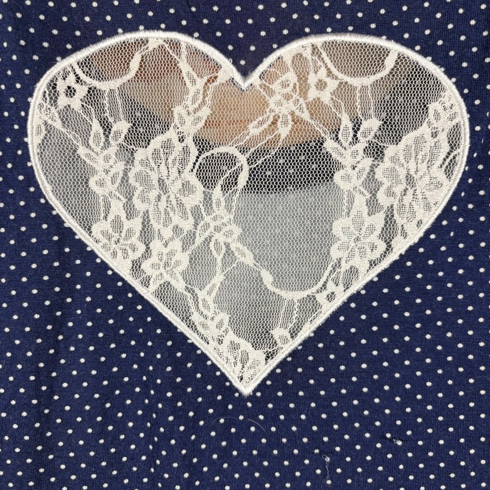 Betsey Johnson NWT Navy Polka Dot Top Size M Lace Trim Heart Cutout Coquette Y2K - Picture 6 of 8